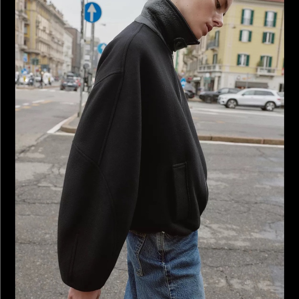 Zara CONTRAST COLLAR WOOL BALLOON BOMBER JACKET - Picture 9 of 12